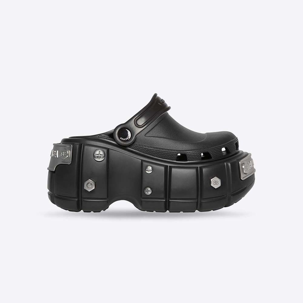 Side view of Balenciaga Women HardCrocs Sandal in Black Rubber