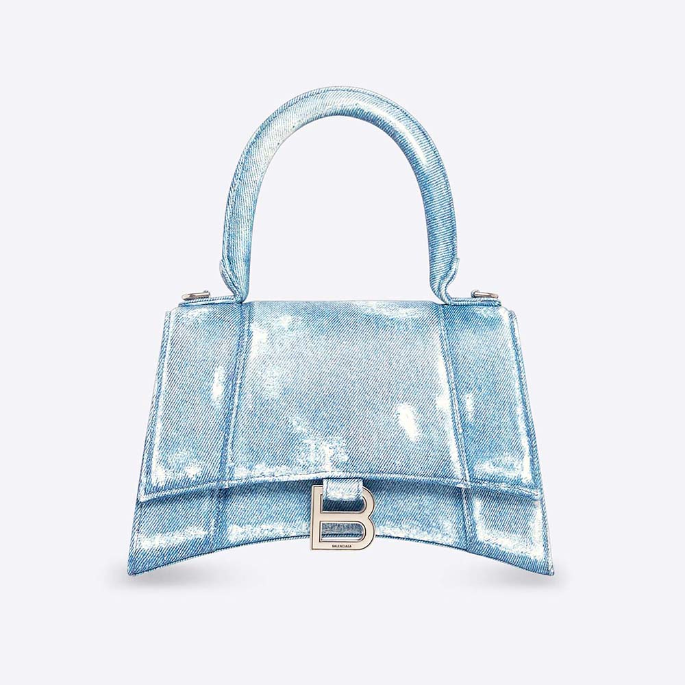 Front view of Balenciaga Women Hourglass Small Handbag Denim Printed in Indigo-Blue