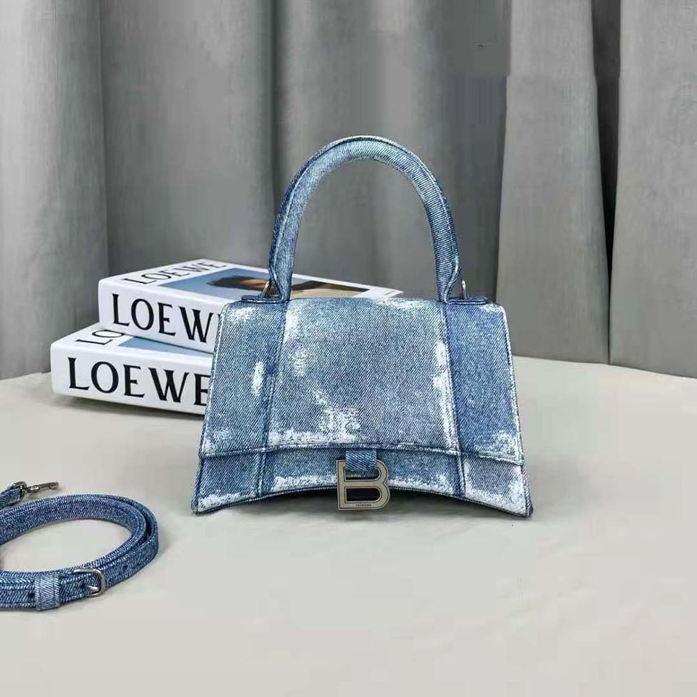 Close-up of silver hardware and zipper on Balenciaga Women Hourglass Small Handbag Denim