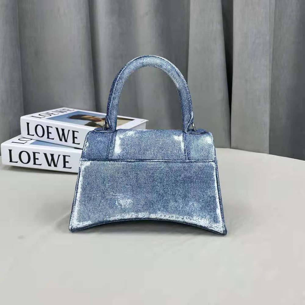 Side angle showing structure of Balenciaga Women Hourglass Small Handbag Denim Printed in Indigo-Blue
