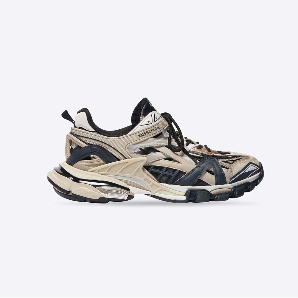 Balenciaga Men Track.2 Sneaker in Beige and Black Mesh and Nylon