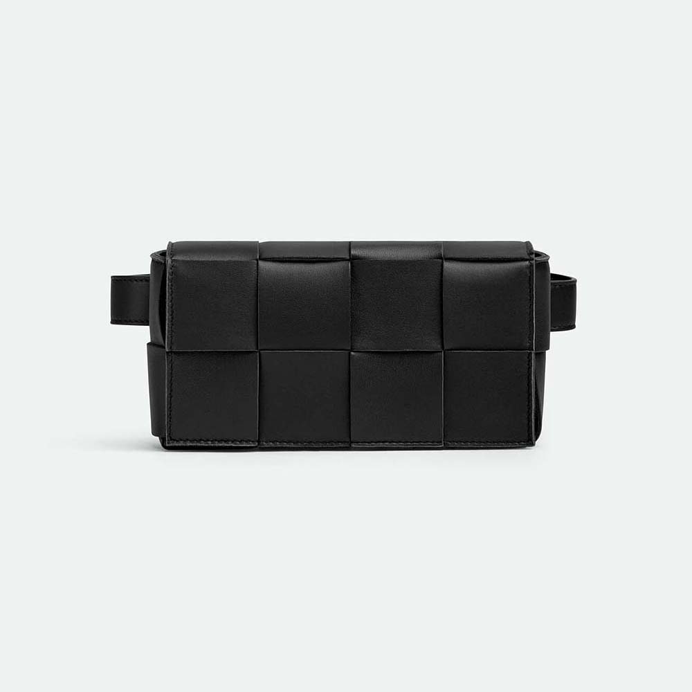 Front view of Bottega Veneta Women Belt Cassette Mini Intreccio Leather Belt Bag-Black