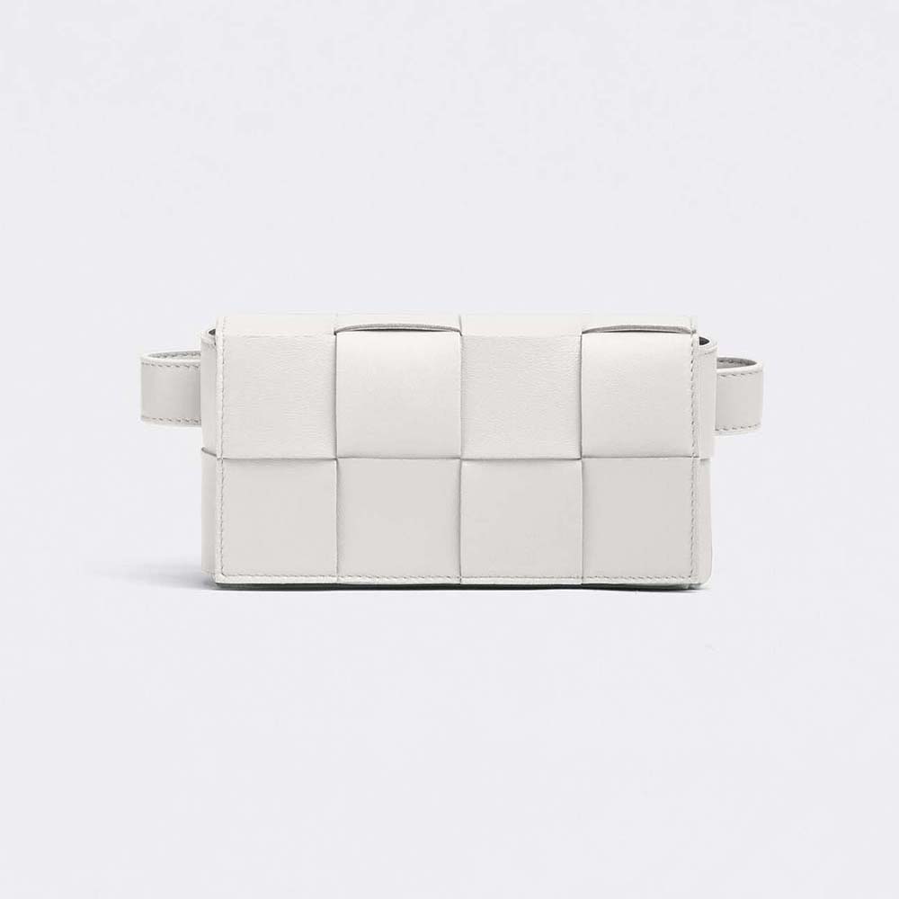 Front view of Bottega Veneta Women Belt Cassette Mini Intreccio Leather Belt Bag-White
