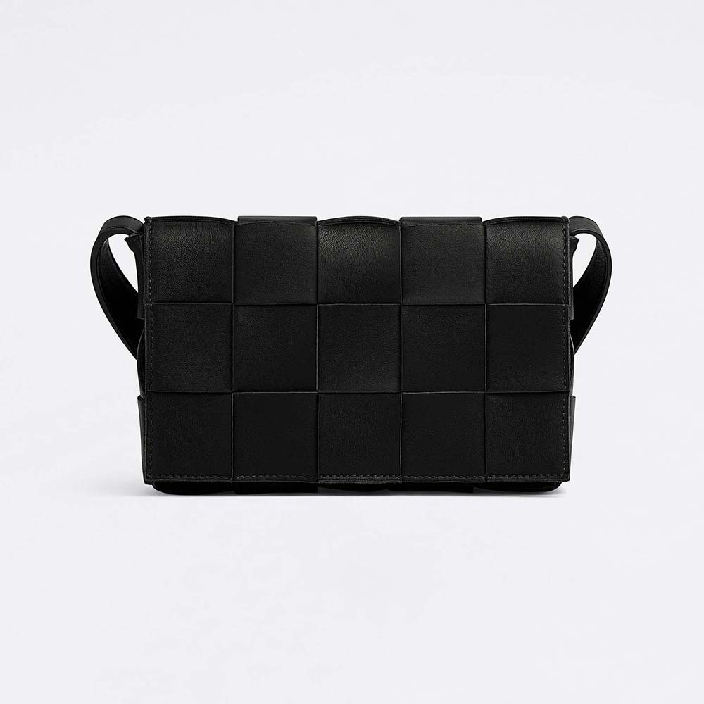 Front view of Bottega Veneta Women Cassette Intreccio Leather Cross-Body Bag-Black