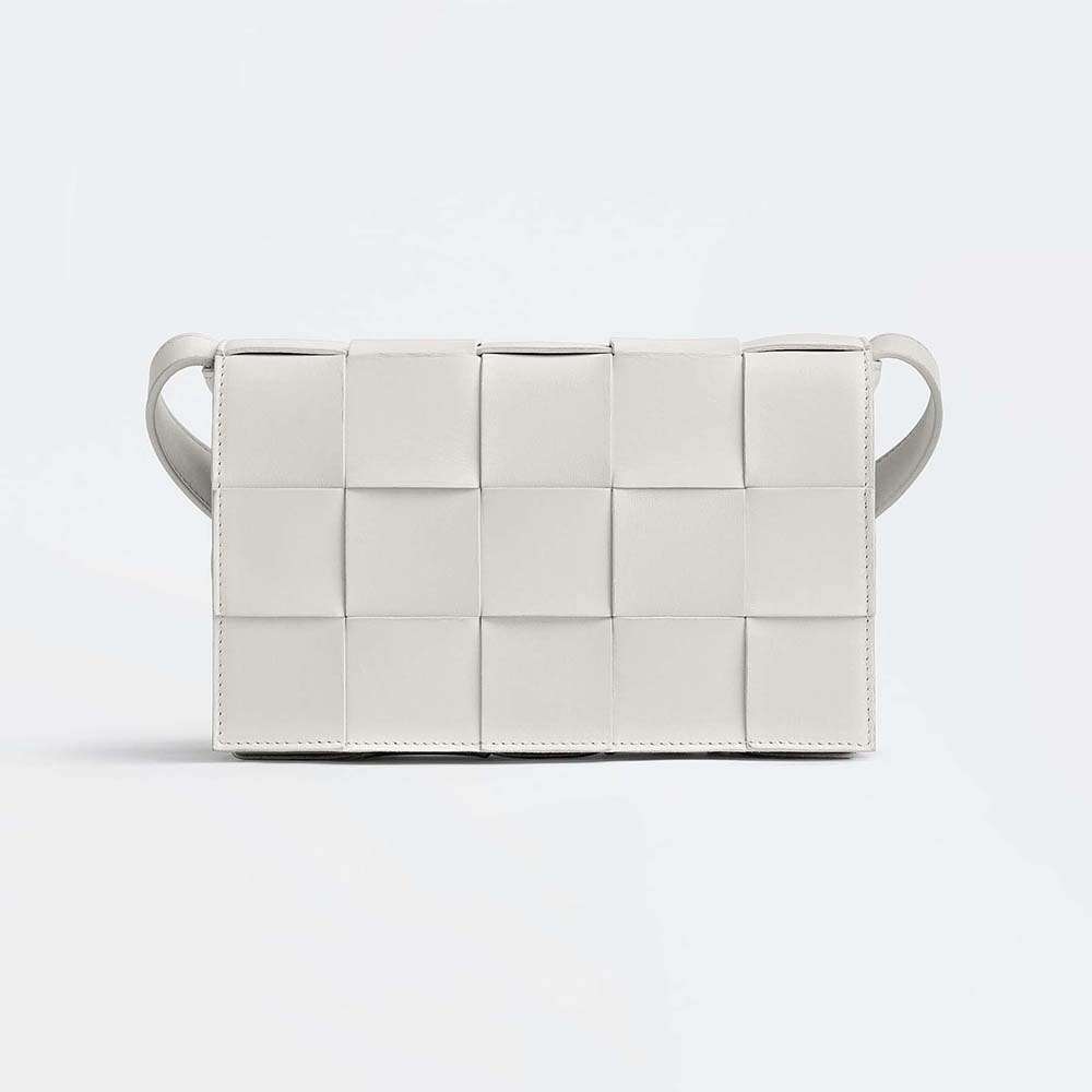 Front view of Bottega Veneta Women Cassette Intreccio Leather Cross-Body Bag-White