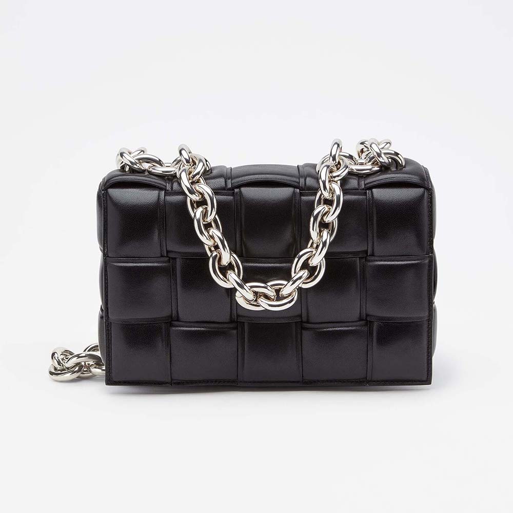 Front view of Bottega Veneta Women Chain Cassette Padded Intrecciato Leather Crossbody Bag-Black