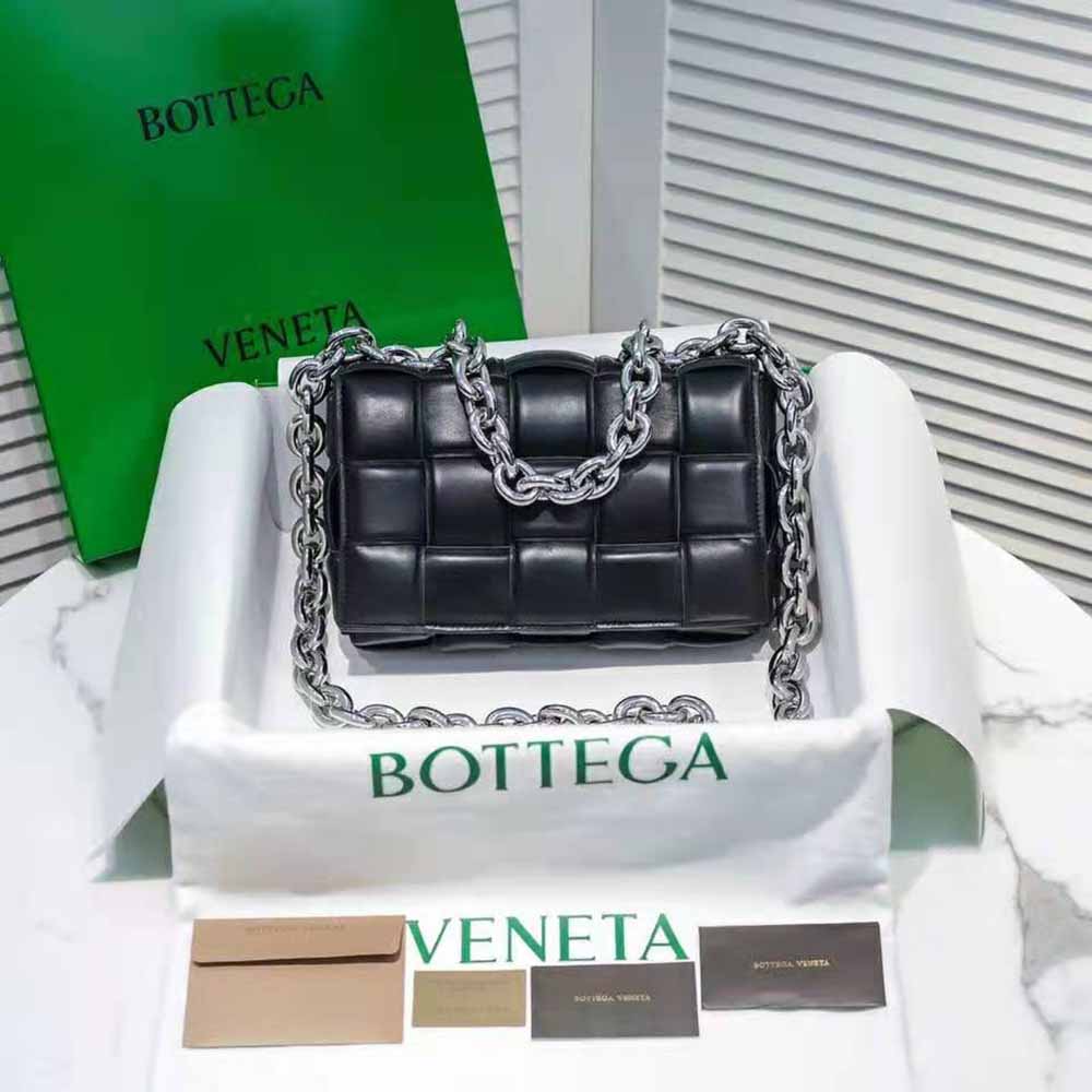 Close-up of padded intrecciato leather detail on Bottega Veneta chain bag