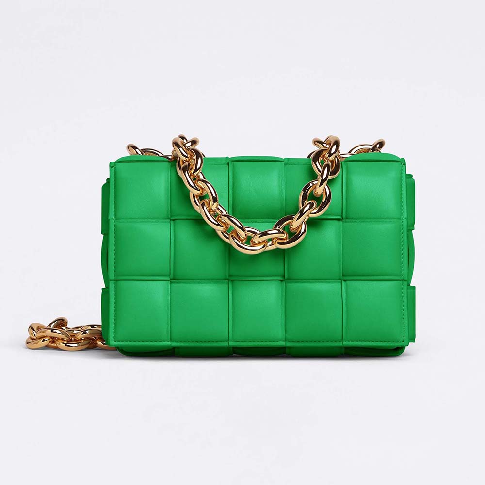 Front view of Bottega Veneta Women Chain Cassette Padded Intrecciato Leather Crossbody Bag-Green