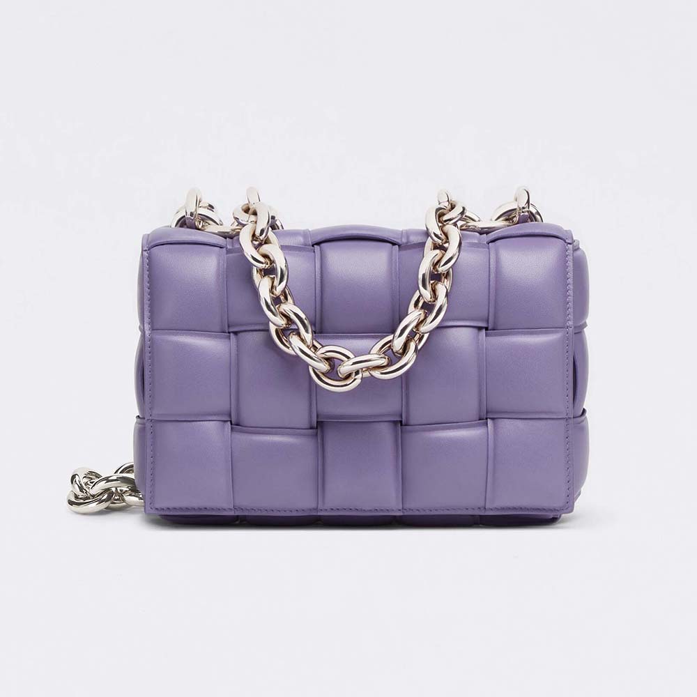 Front view of Bottega Veneta Women Chain Cassette Padded Intrecciato Leather Crossbody Bag-Purple