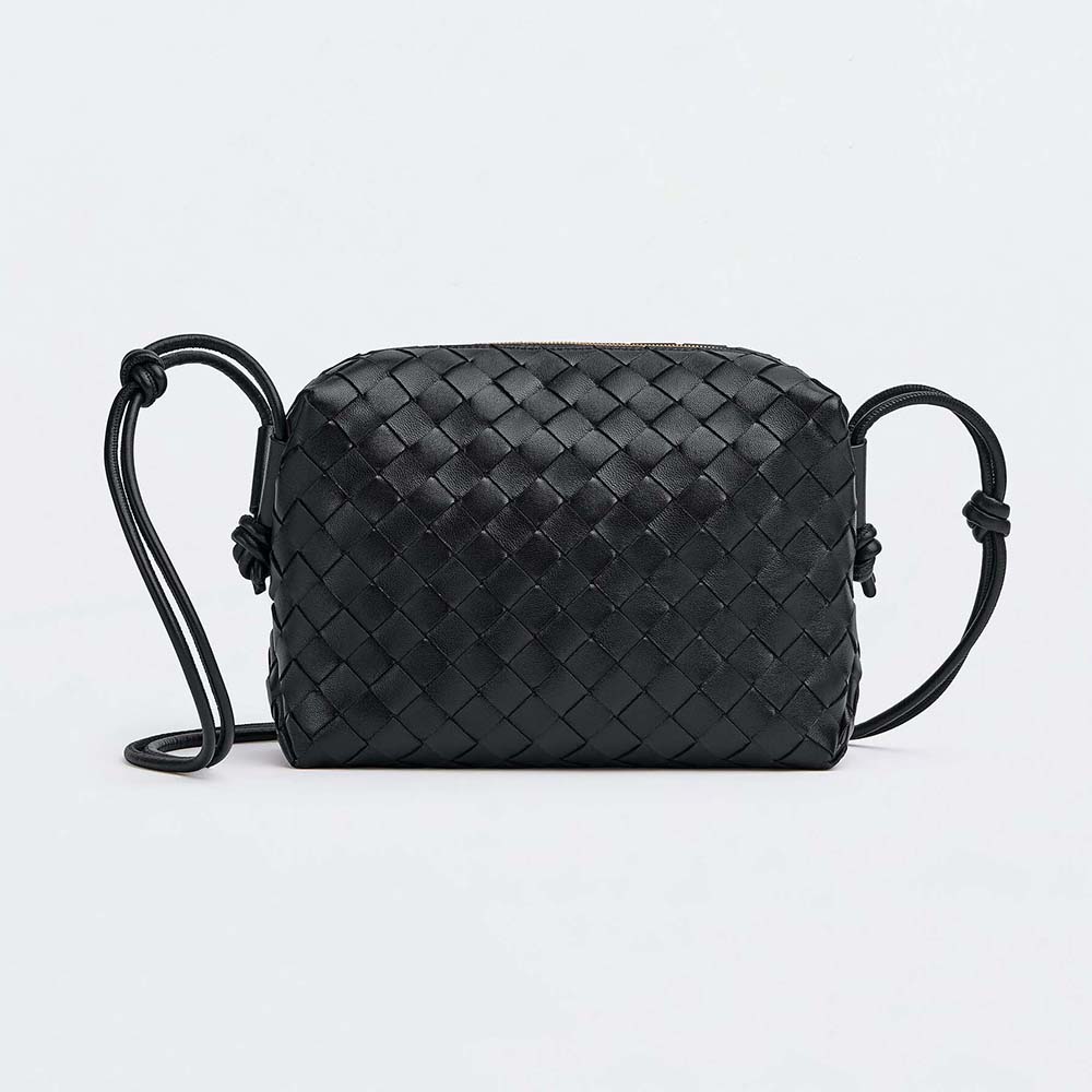 Front view of Bottega Veneta Women Loop Small Intrecciato Leather Cross-Body Bag-Black