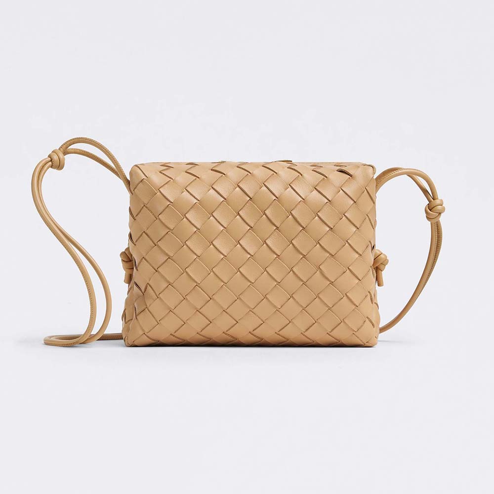 Front view of Bottega Veneta Women Loop Small Intrecciato Leather Cross-Body Bag-Brown