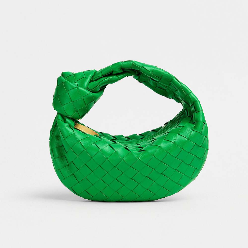 Front view of Bottega Veneta Women Mini Jodie Intrecciato Parakeet Leather Tote Bag-Green