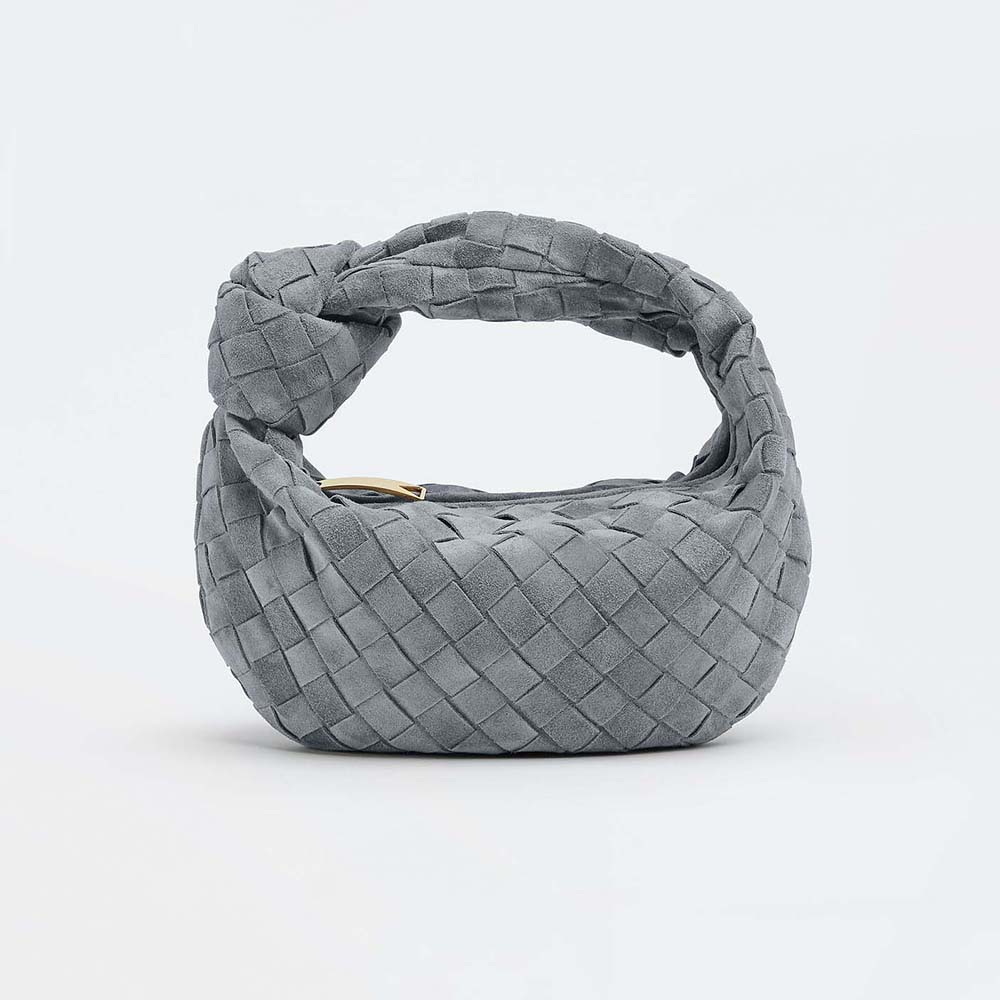 Front view of Bottega Veneta Mini Jodie Mini Intrecciato Suede Top Handle Bag-Gray