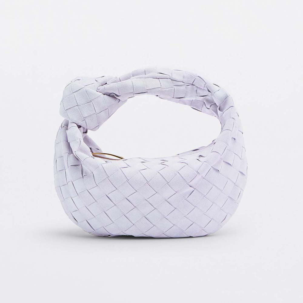 Front view of Bottega Veneta Women Mini Jodie Mini Intrecciato Suede Top Handle Bag-Purple