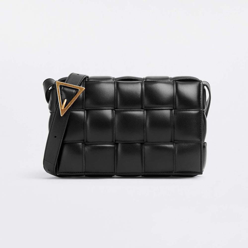 Front view of Bottega Veneta Women Padded Cassette Padded Intreccio Leather Cross-Body Bag-Black