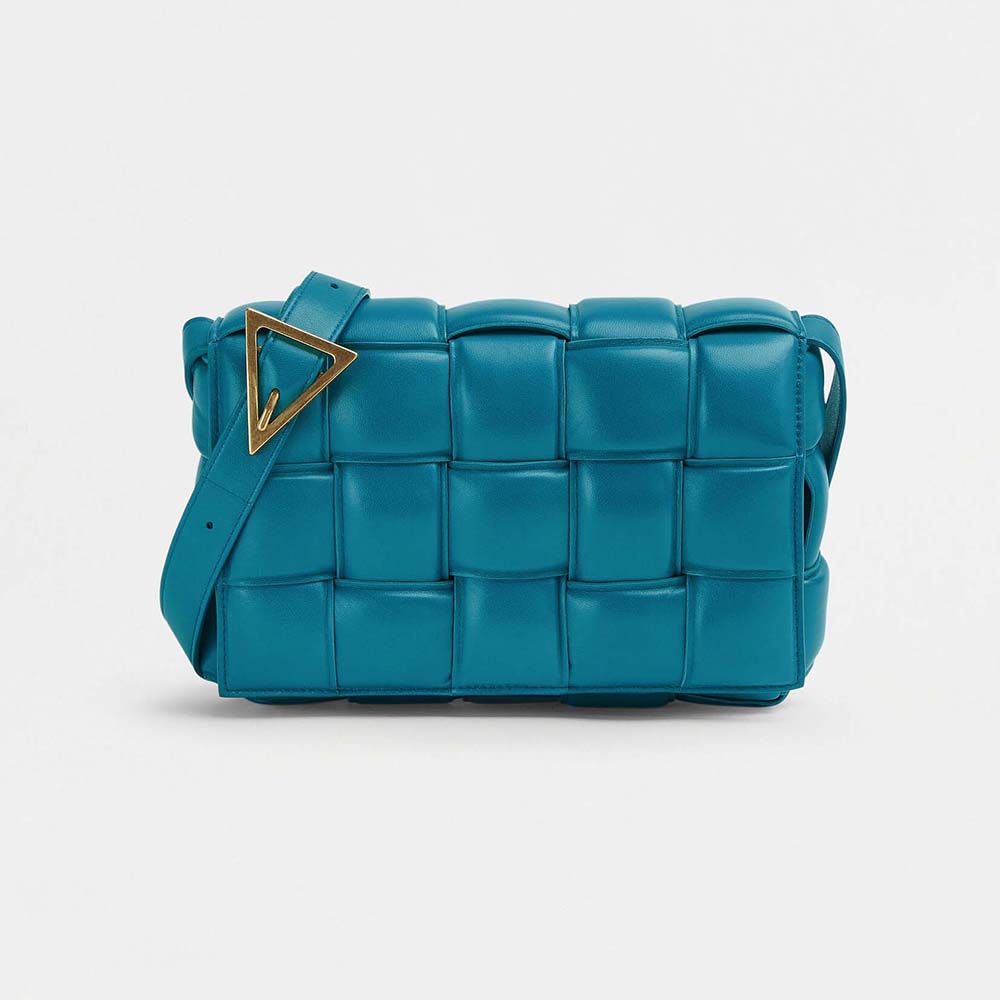 Front view of Bottega Veneta Women Padded Cassette Padded Intreccio Leather Cross-Body Bag-Blue
