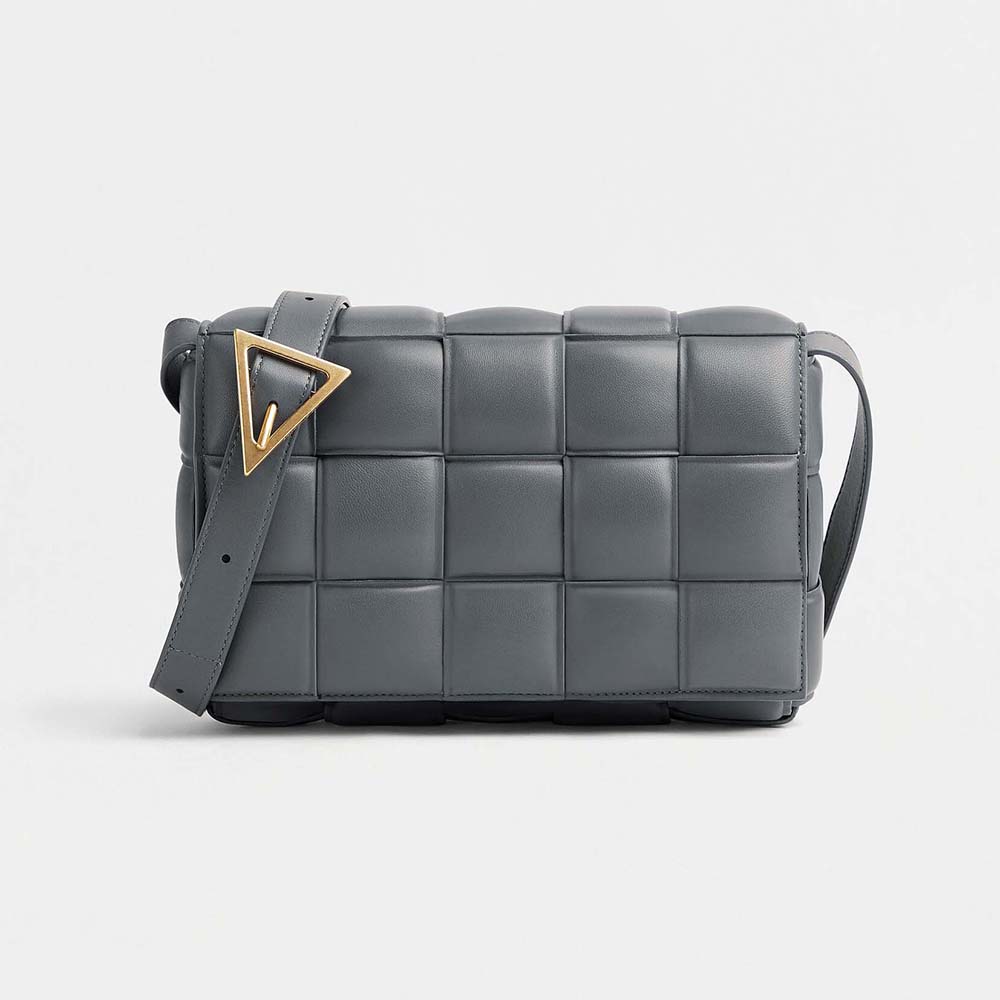 Front view of Bottega Veneta Women Padded Cassette Padded Intreccio Leather Cross-Body Bag-Gray