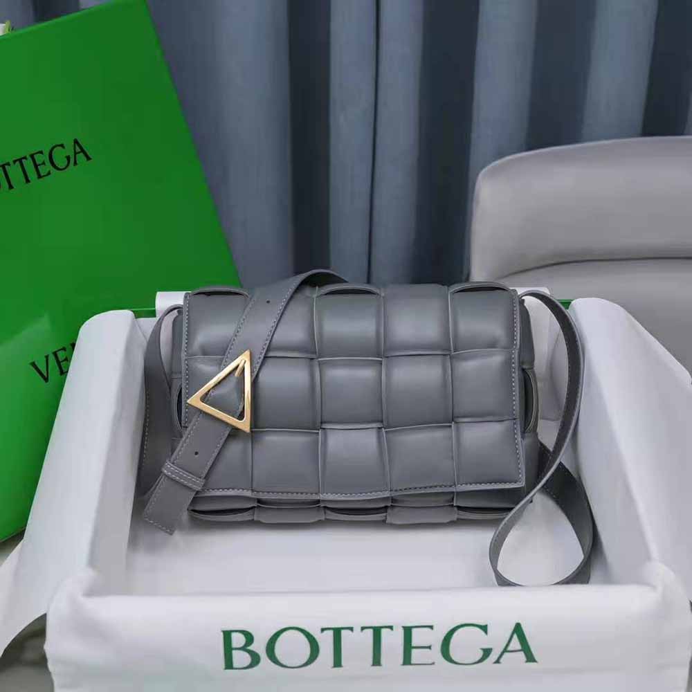Close-up of padded intreccio leather texture on Bottega Veneta cross-body bag