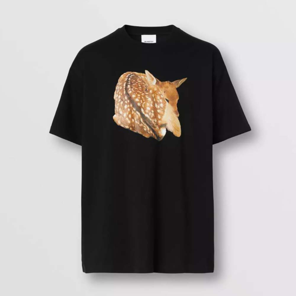 Front view of Burberry Women Deer Print Cotton Oversized T-shirt-Black
