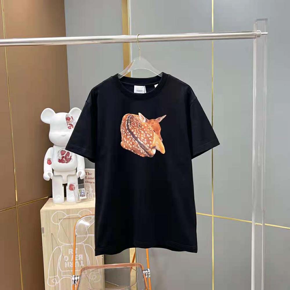 Close-up of deer print detail on Burberry oversized black tee