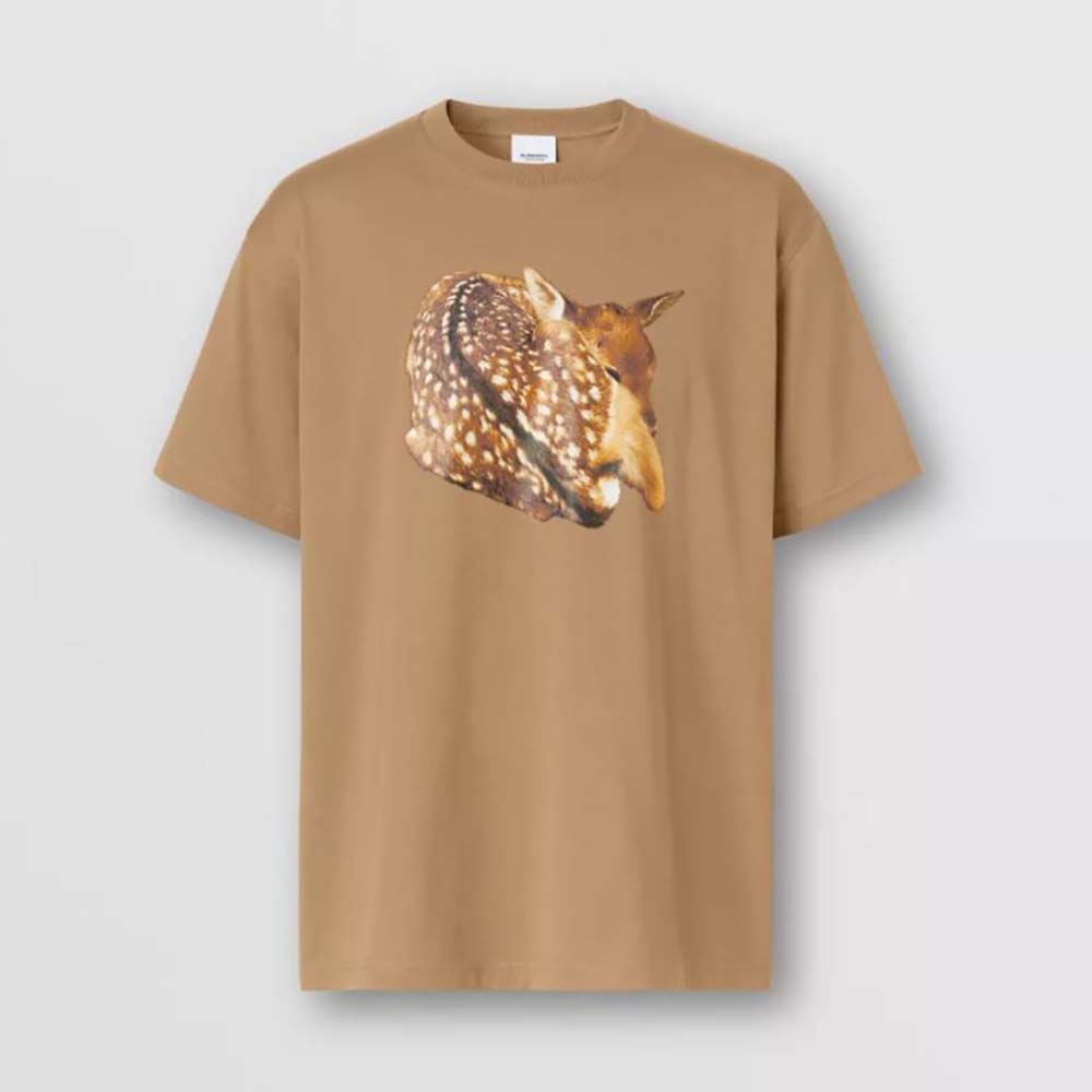 Front view of Burberry Women Deer Print Cotton Oversized T-shirt-Brown