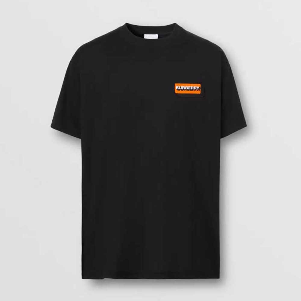 Front view of Burberry Women Logo Appliqué Cotton Oversized T-shirt-Black