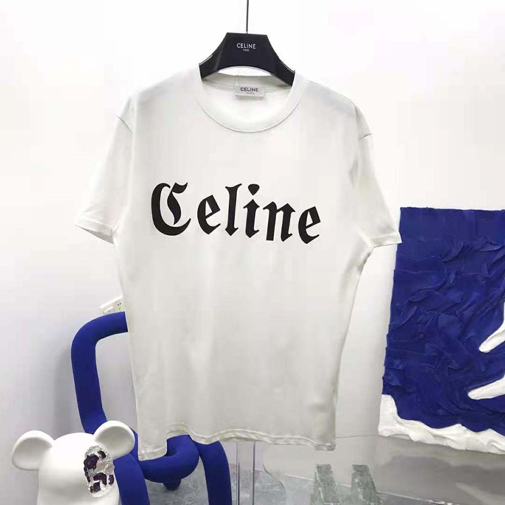 Close-up detail of Celine Gothic logo on white cotton jersey T-shirt