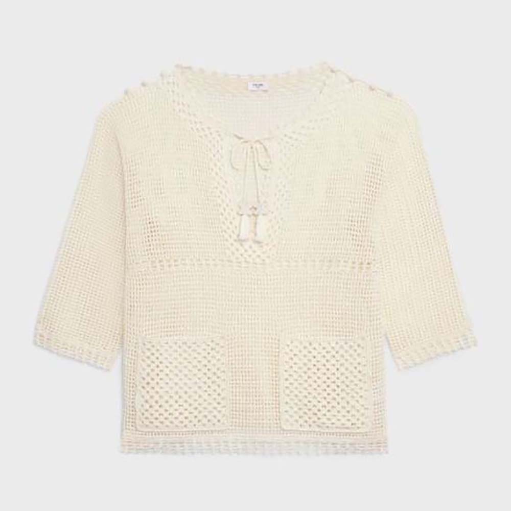 Front view of Celine Women Baja in Crocheted Cotton-Beige sweater