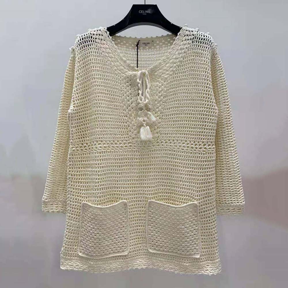 Close-up of crochet texture on Celine Women Baja in Crocheted Cotton-Beige