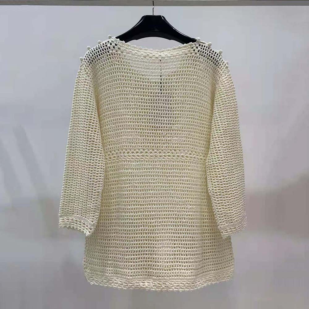 Side angle showing relaxed fit of Celine Women Baja in Crocheted Cotton-Beige