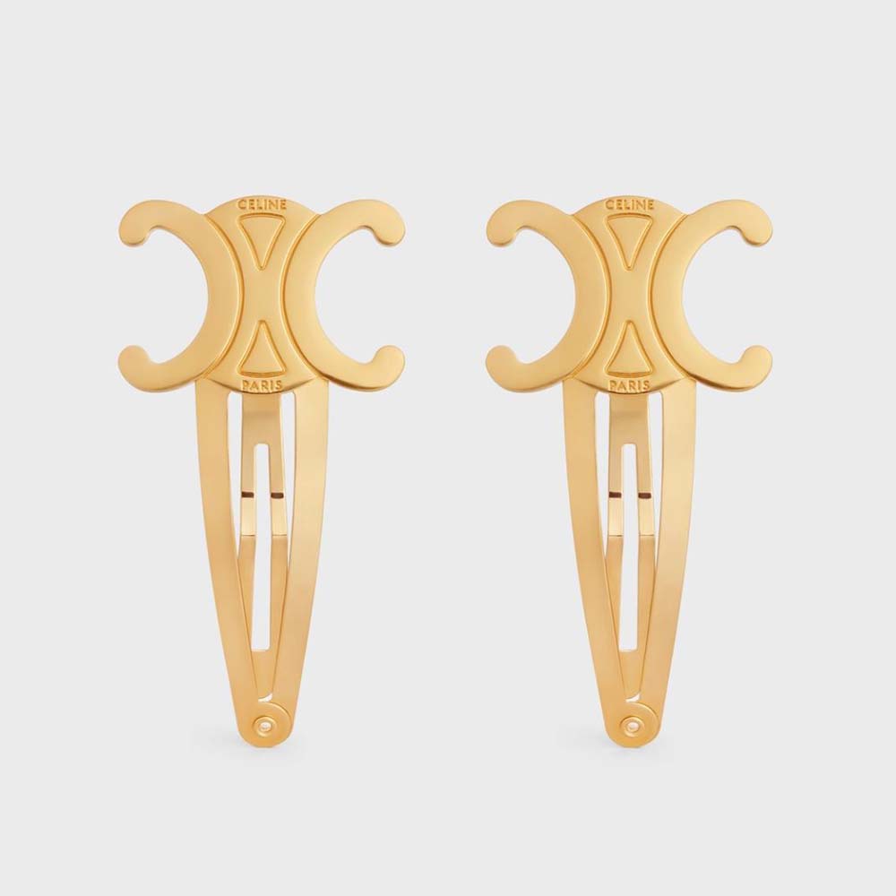 Close-up of Celine Women Hair Accessories Set of 2 Triomphe Snap Hair Clips gold finish