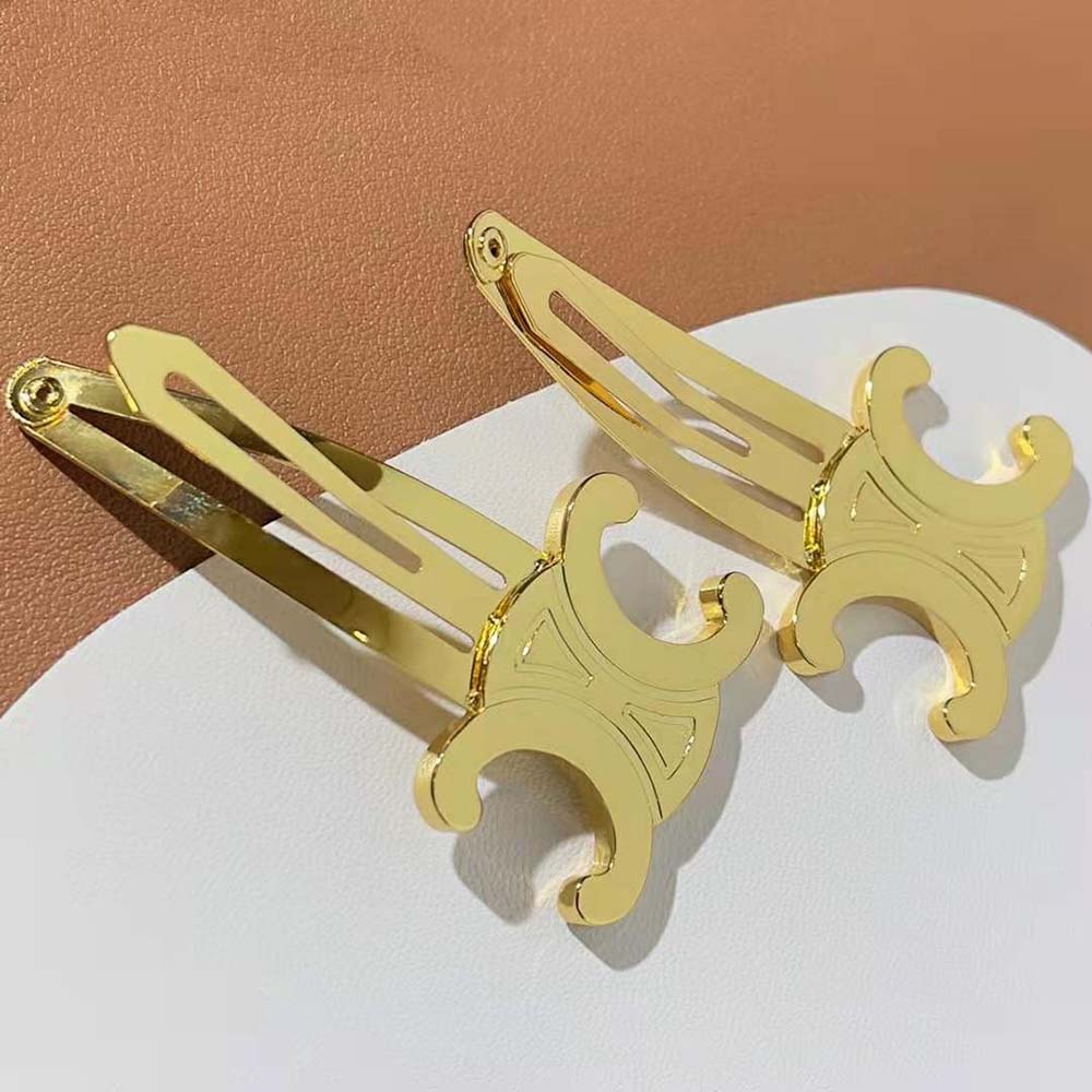 Celine Women Hair Accessories Set of 2 Triomphe Snap Hair Clips in Brass with Gold Finish and Steel - image 5