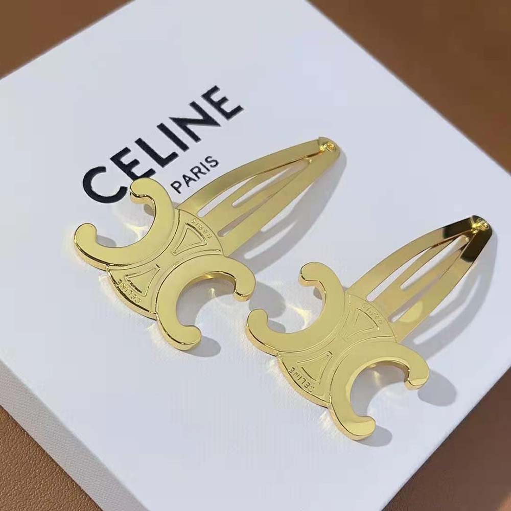 Styled hair with Celine Women Hair Accessories Set of 2 Triomphe Snap Hair Clips in gold
