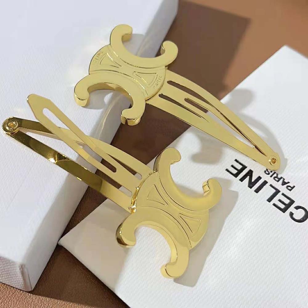Celine Women Hair Accessories Set of 2 Triomphe Snap Hair Clips in Brass with Gold Finish and Steel - image 4