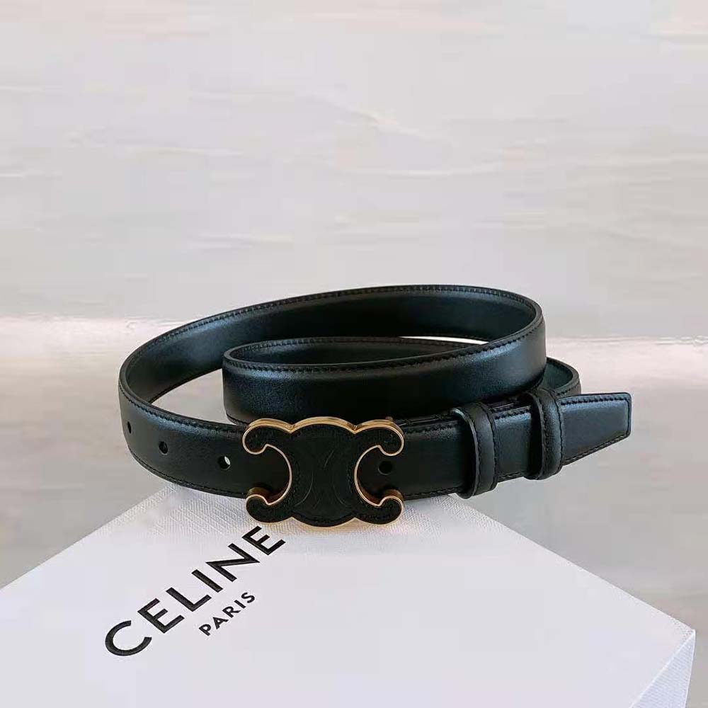Close-up detail of the signature Triomphe buckle on Celine belt
