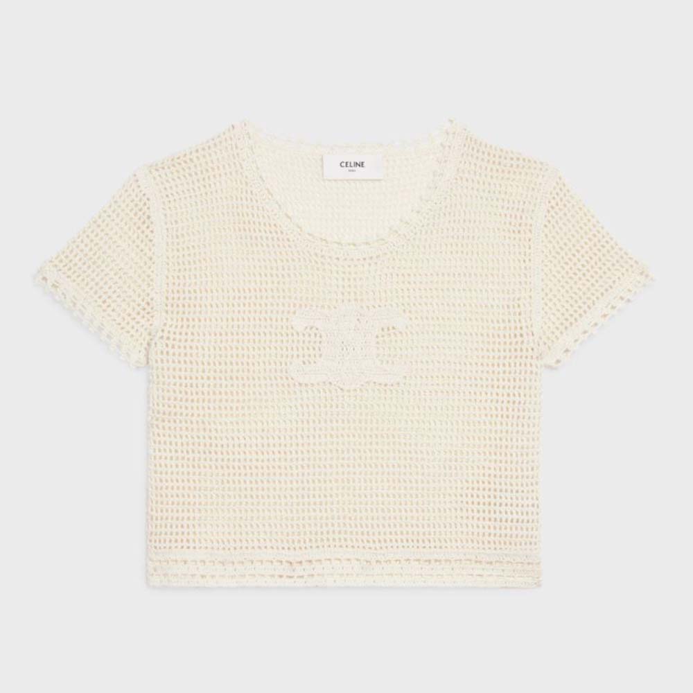 Front view of Celine Women Triomphe T-Shirt in beige crocheted cotton