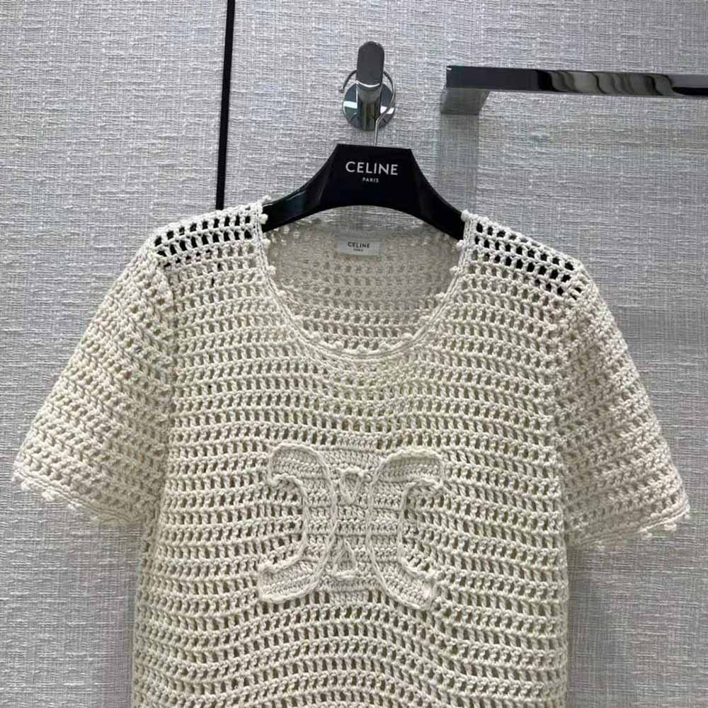 Celine Women Triomphe T-Shirt in Crocheted Cotton - image 4