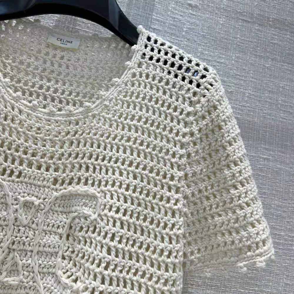 Celine Women Triomphe T-Shirt in Crocheted Cotton - image 8