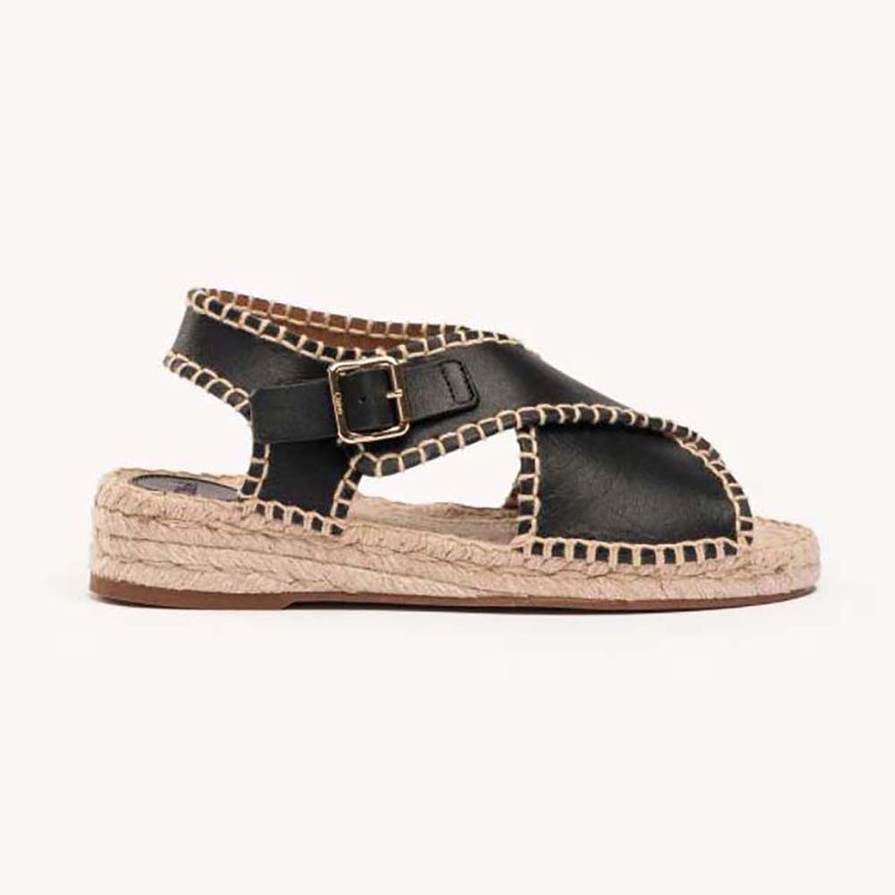 Side view of Chloe Women Lucinda Flat Espadrille-Black showing leather and rope sole