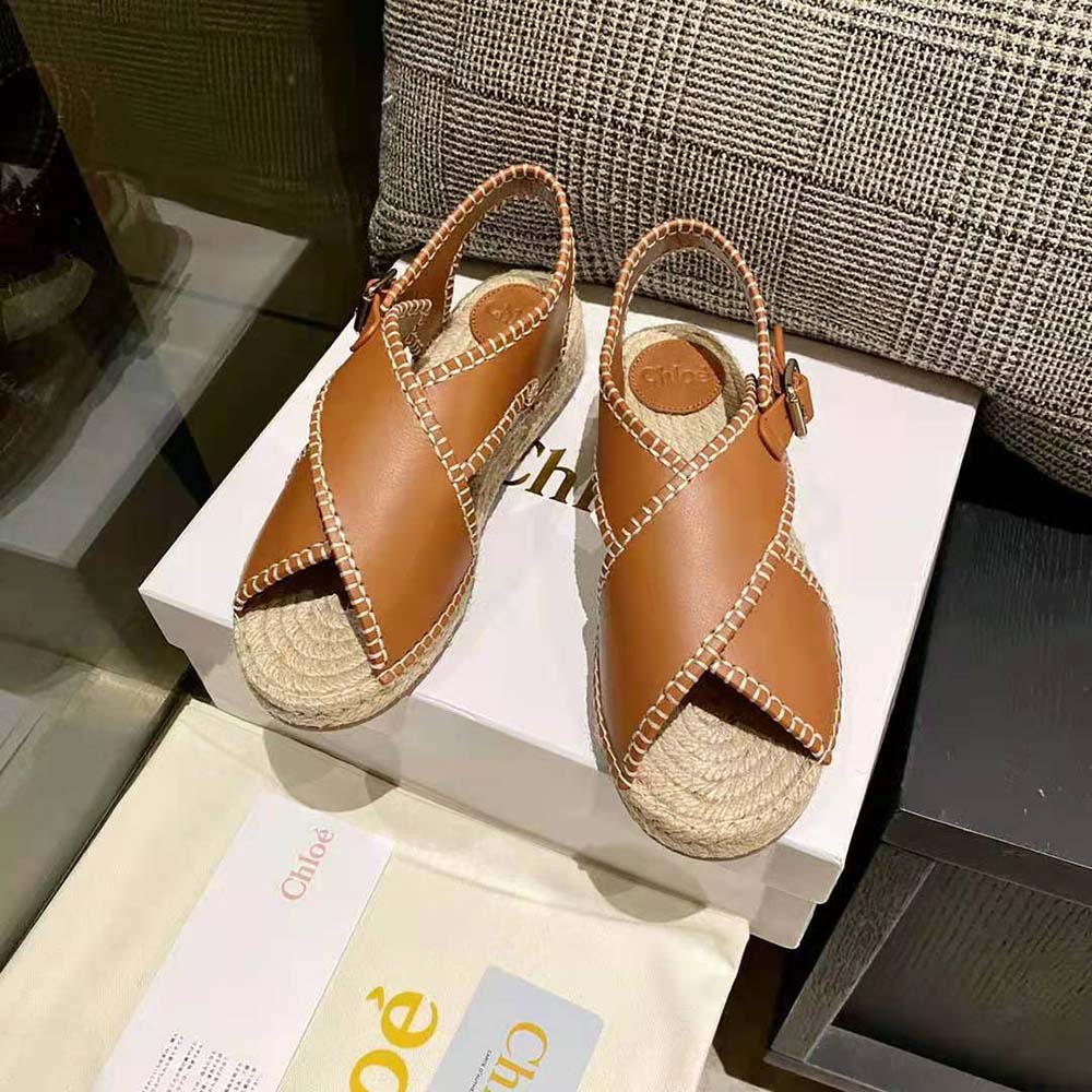 Close-up of brown leather and jute sole on Chloe Women Lucinda Flat Espadrille-Brown