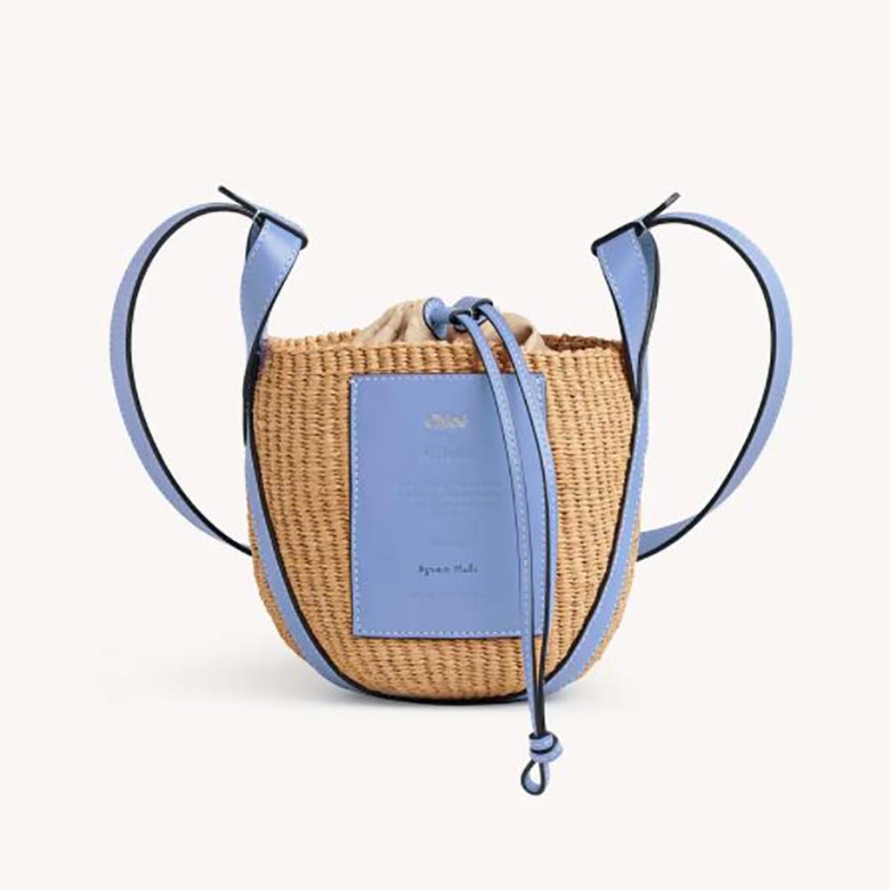 Front view of Chloe Women Small Basket in Fair-Trade Paper and Shiny Calfskin-Blue