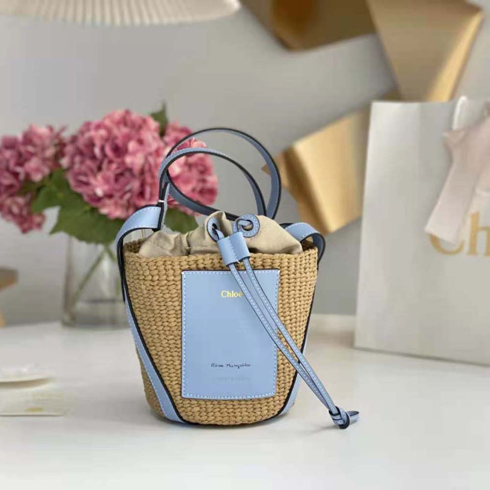 Close-up showing shiny blue calfskin trim and gold-tone hardware on Chloe basket