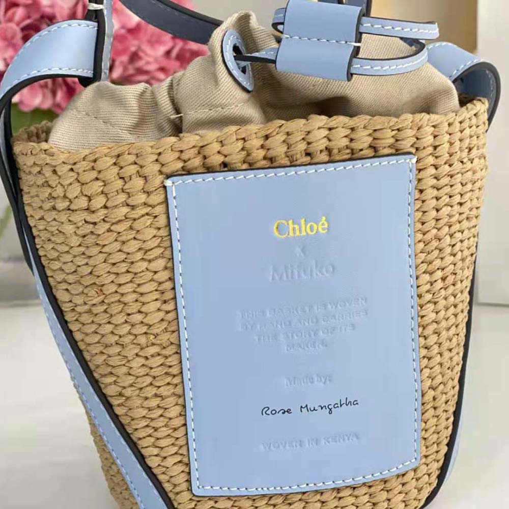 Chloe Women Small Basket in Fair-Trade Paper and Shiny Calfskin-Blue - image 8