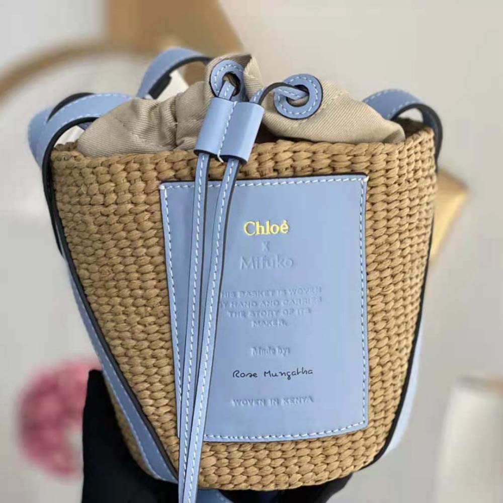 Chloe Women Small Basket in Fair-Trade Paper and Shiny Calfskin-Blue - image 7