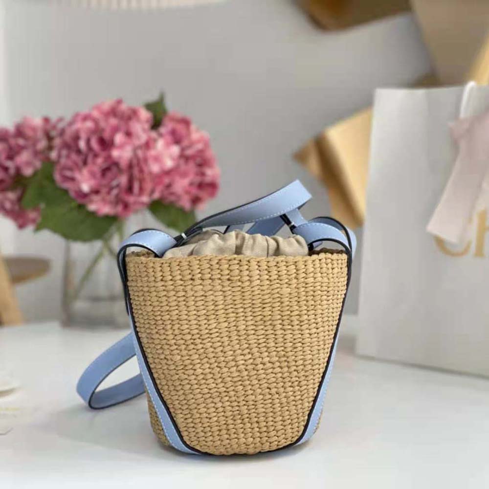Chloe Women Small Basket in Fair-Trade Paper and Shiny Calfskin-Blue - image 4