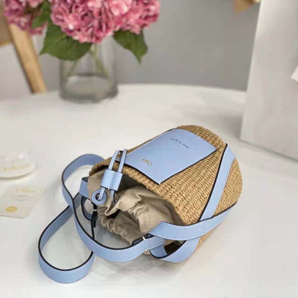 Chloe Women Small Basket in Fair-Trade Paper and Shiny Calfskin-Blue - image 5