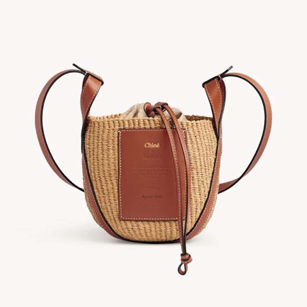 Front angle of Chloe Women Small Basket in shiny calfskin brown