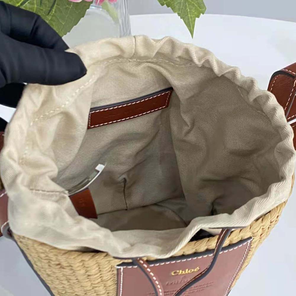 Chloe Women Small Basket in Fair-Trade Paper and Shiny Calfskin-Brown - image 9
