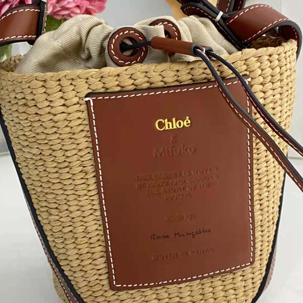 Chloe Women Small Basket in Fair-Trade Paper and Shiny Calfskin-Brown - image 8