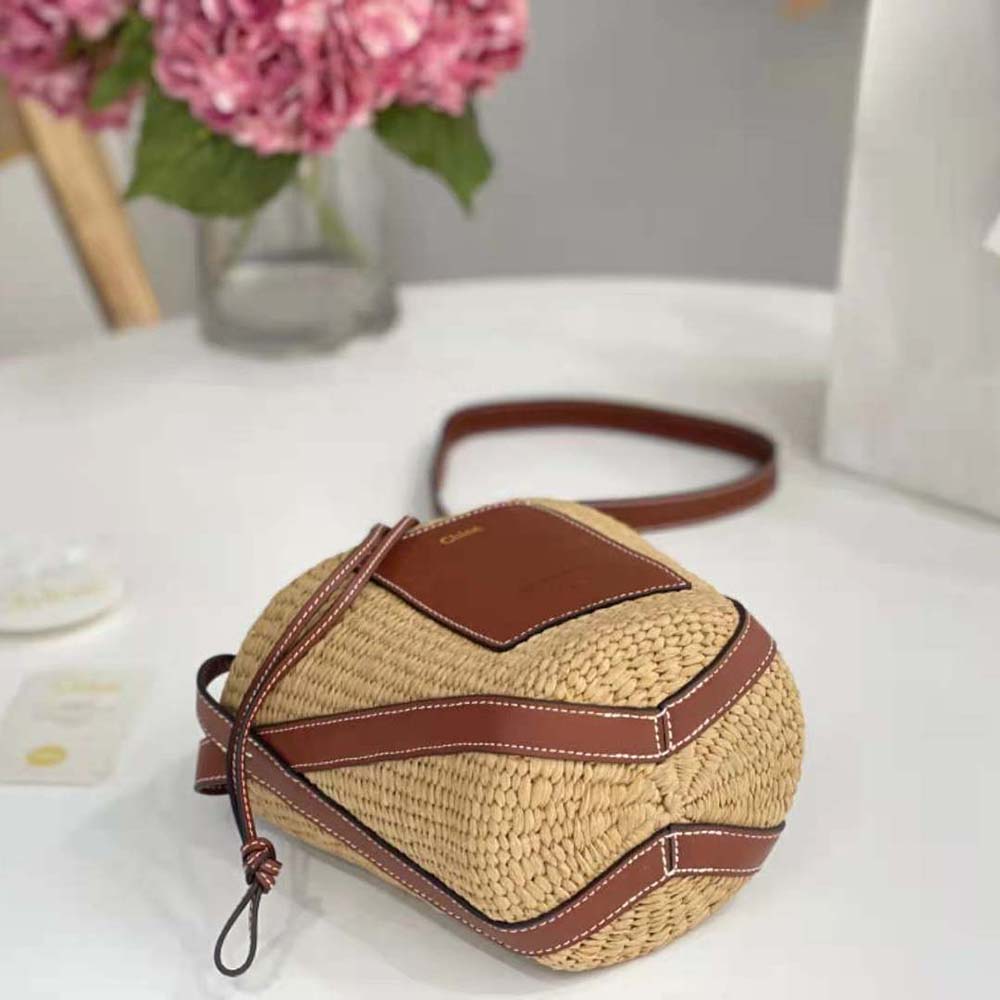 Chloe Women Small Basket in Fair-Trade Paper and Shiny Calfskin-Brown - image 6